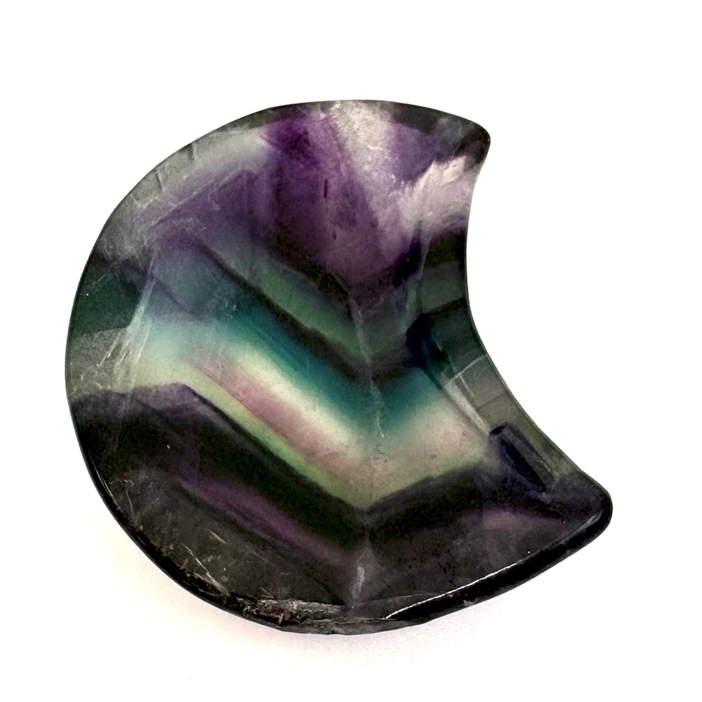 Rainbow Fluorite Crystal Crescent Moon Carving Ring Dish 2”